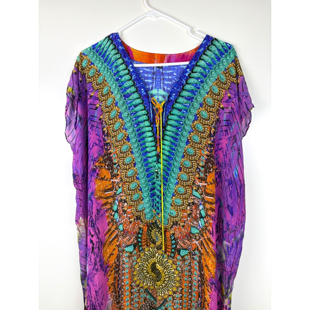 Bohemian Print Kaftan Maxi Dress Purple Yellow Lace Up V-Neck Size S/M - Picture 4 of 12
